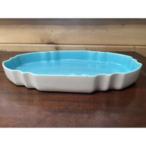 Mid Century Scalloped Milk Glass Tray in Aqua Blue
